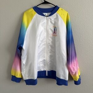 Disneyland Disney 3X White Rainbow Satin Bomber Windbreaker Jacket Tie Dye